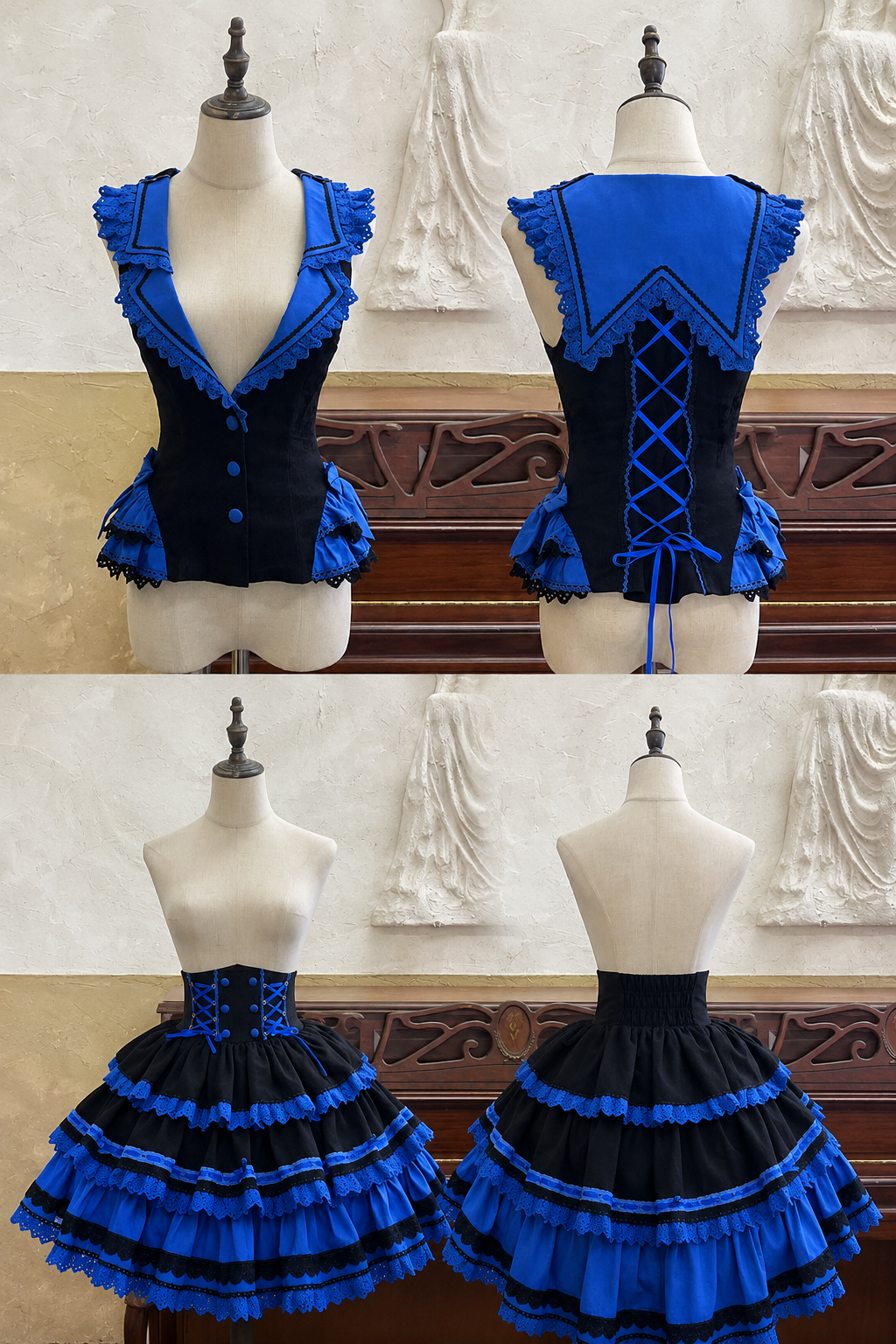 【7月13日予約締切】クラインブルーゴシックロリータレースフリルトリムベスト＋ティアードラッフルスカート