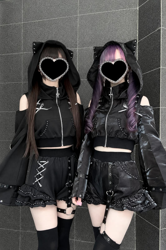 [Pre-Order] Shiny & Matte Black Gothic Cyber Cat-Ear Hoodie Open-Shoulder Zip Jacket + Shorts Set with Leg Rings