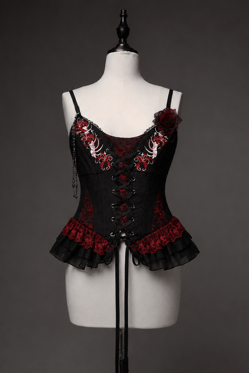 [Pre-order] Red and Black Dark Gothic Lolita Jacquard Corset Bustier Top