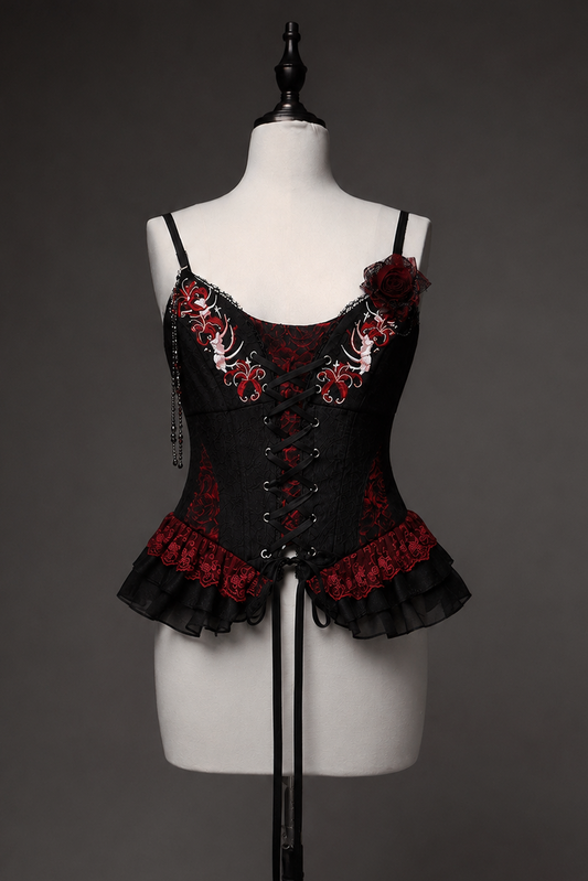 [Pre-order] Red and Black Dark Gothic Lolita Jacquard Corset Bustier Top