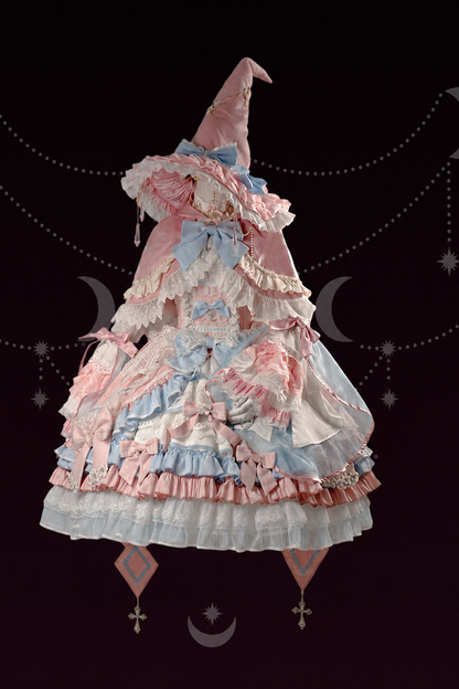 [Cierre de reserva el 14 de septiembre] Conjunto completo Fantasy Sweet Witch de vestido JSK cruzado + cola con lazo grande + capa con capucha + mangas desmontables + sombrero de bruja + mangas exteriores