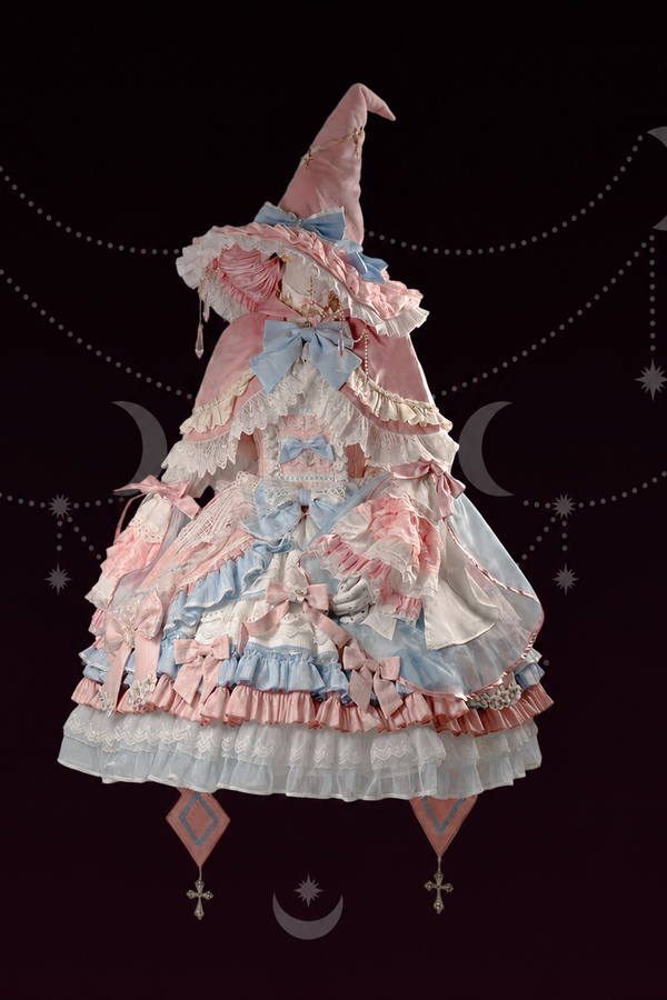 [Cierre de reserva el 14 de septiembre] Conjunto completo Fantasy Sweet Witch de vestido JSK cruzado + cola con lazo grande + capa con capucha + mangas desmontables + sombrero de bruja + mangas exteriores