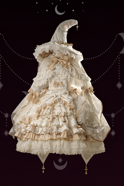 [Cierre de reserva el 14 de septiembre] Conjunto completo Elegant White Gold Witch: vestido JSK cruz + cola con lazo grande + capa con capucha + mangas desmontables + sombrero de bruja + mangas exteriores