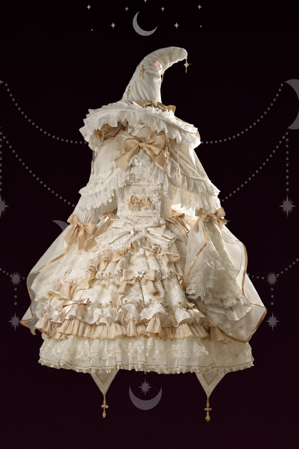 [Cierre de reserva el 14 de septiembre] Conjunto completo Elegant White Gold Witch: vestido JSK cruz + cola con lazo grande + capa con capucha + mangas desmontables + sombrero de bruja + mangas exteriores