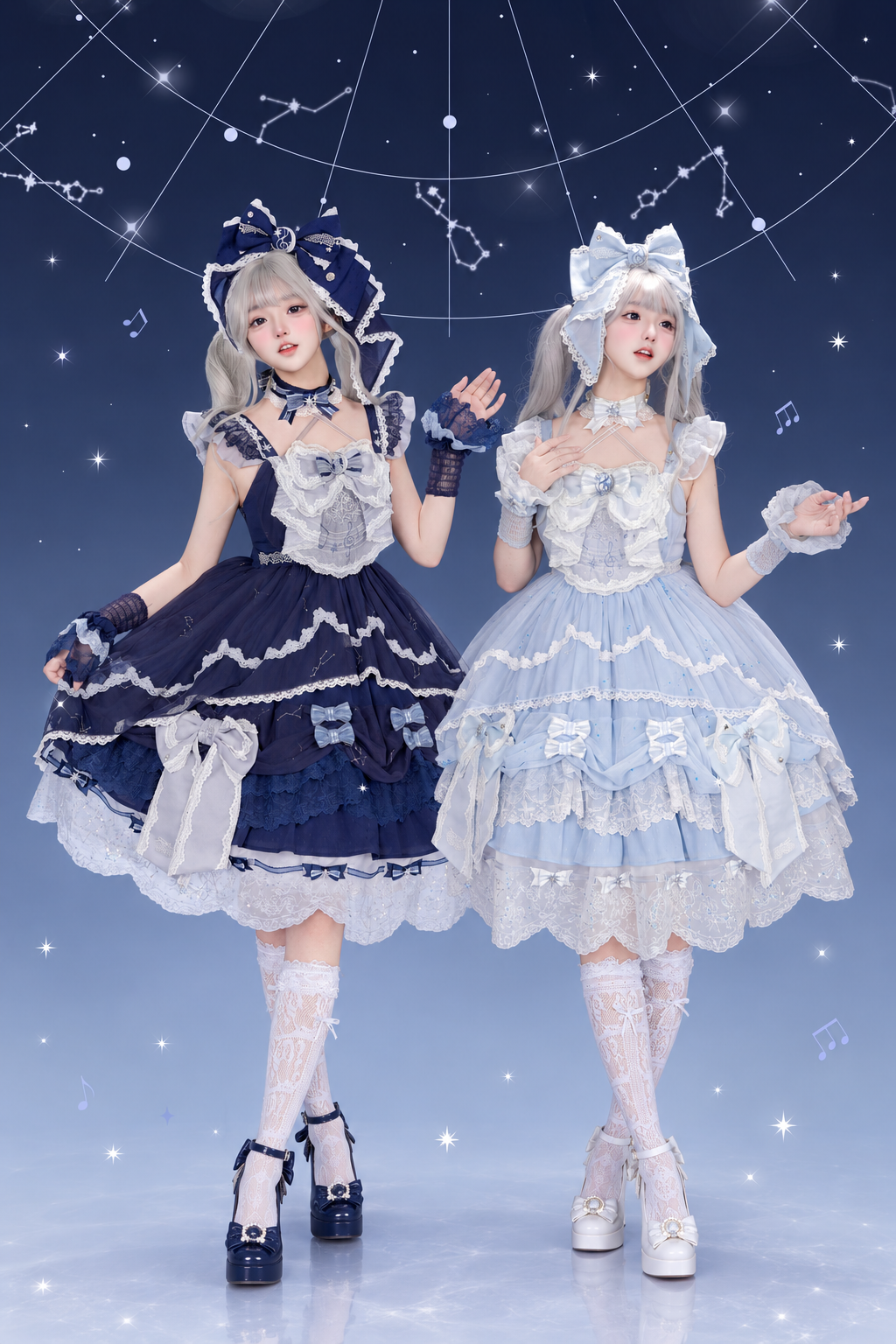 [Clôture des précommandes le 923] Robe JSK classique lolita bleu clair/bleu foncé à broderies d’étoiles célestes, rubans et jupe à volants asymétrique