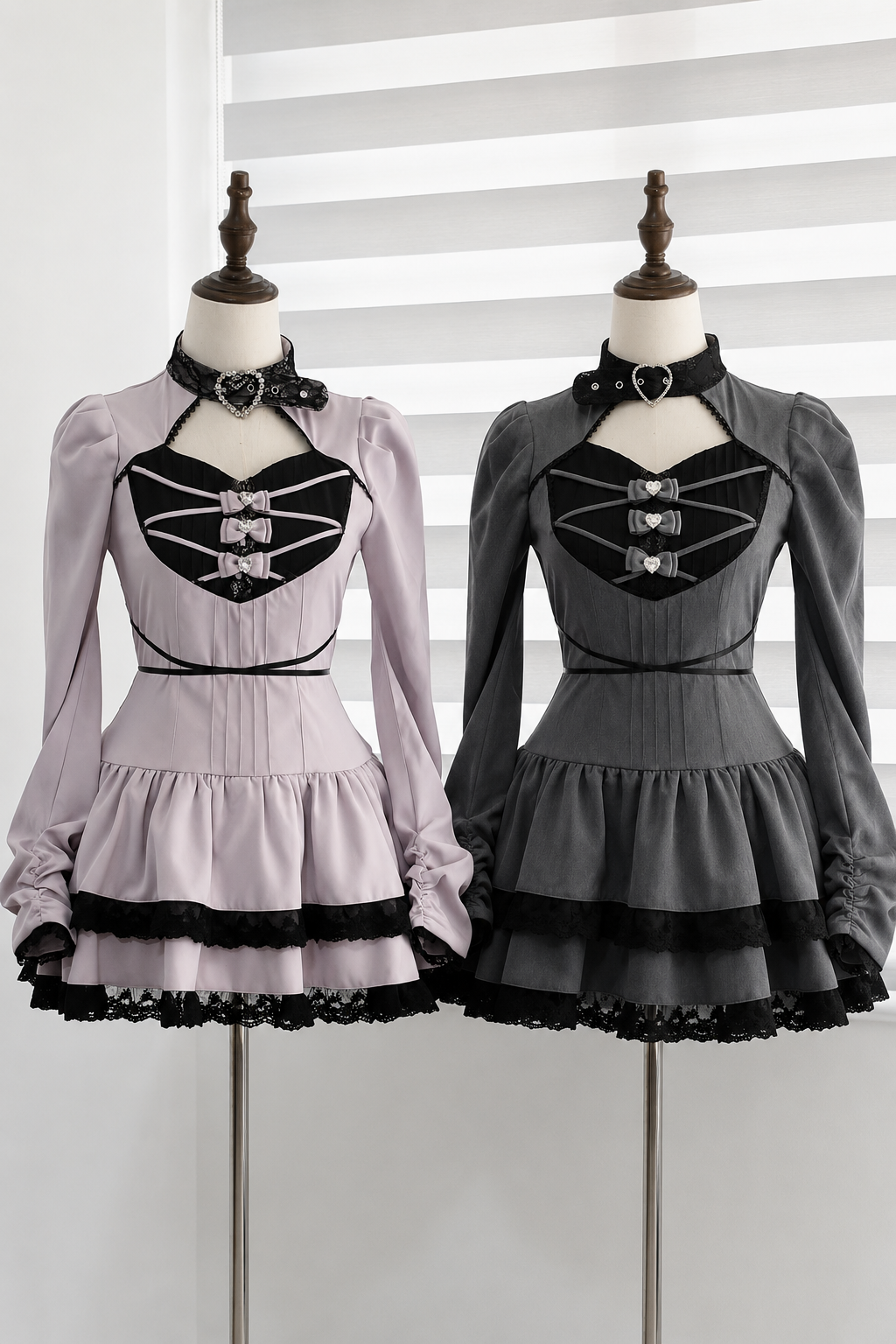 [Reservierungsschluss 28. September] Pink x Schwarz/Grau x Schwarz Gothic-Kleid mit herzförmigem Ausschnitt, Gürtelkragen, Spitzenbesatz und Schleifendetail