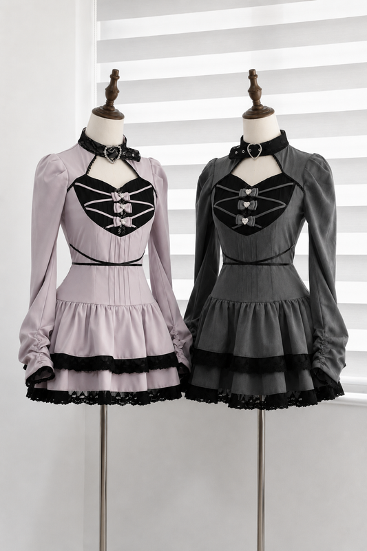 [Pre-order Deadline: September 28] Pink x Black/Gray x Black Gothic Heart Neck Belt Collar Lace Trim Bow Detail Dress