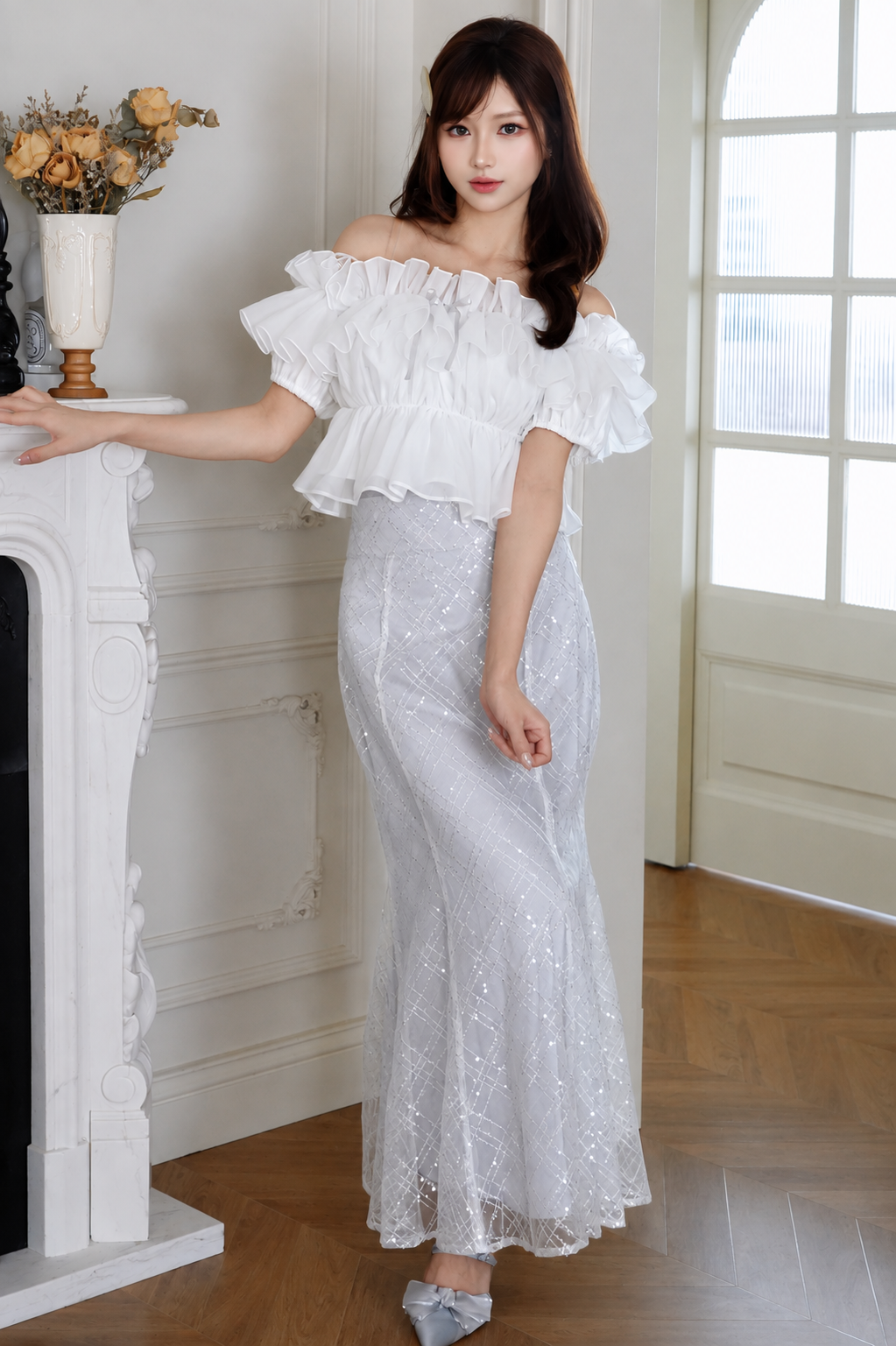 White Chiffon Ruffle Camisole Tops