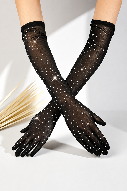 Black Rhinestone Mesh Gloves
