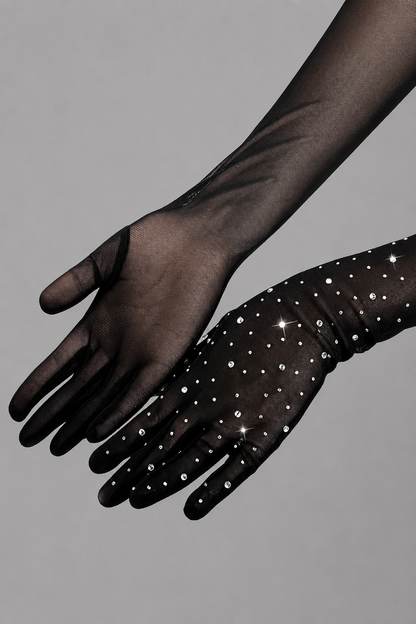 Black Rhinestone Mesh Gloves
