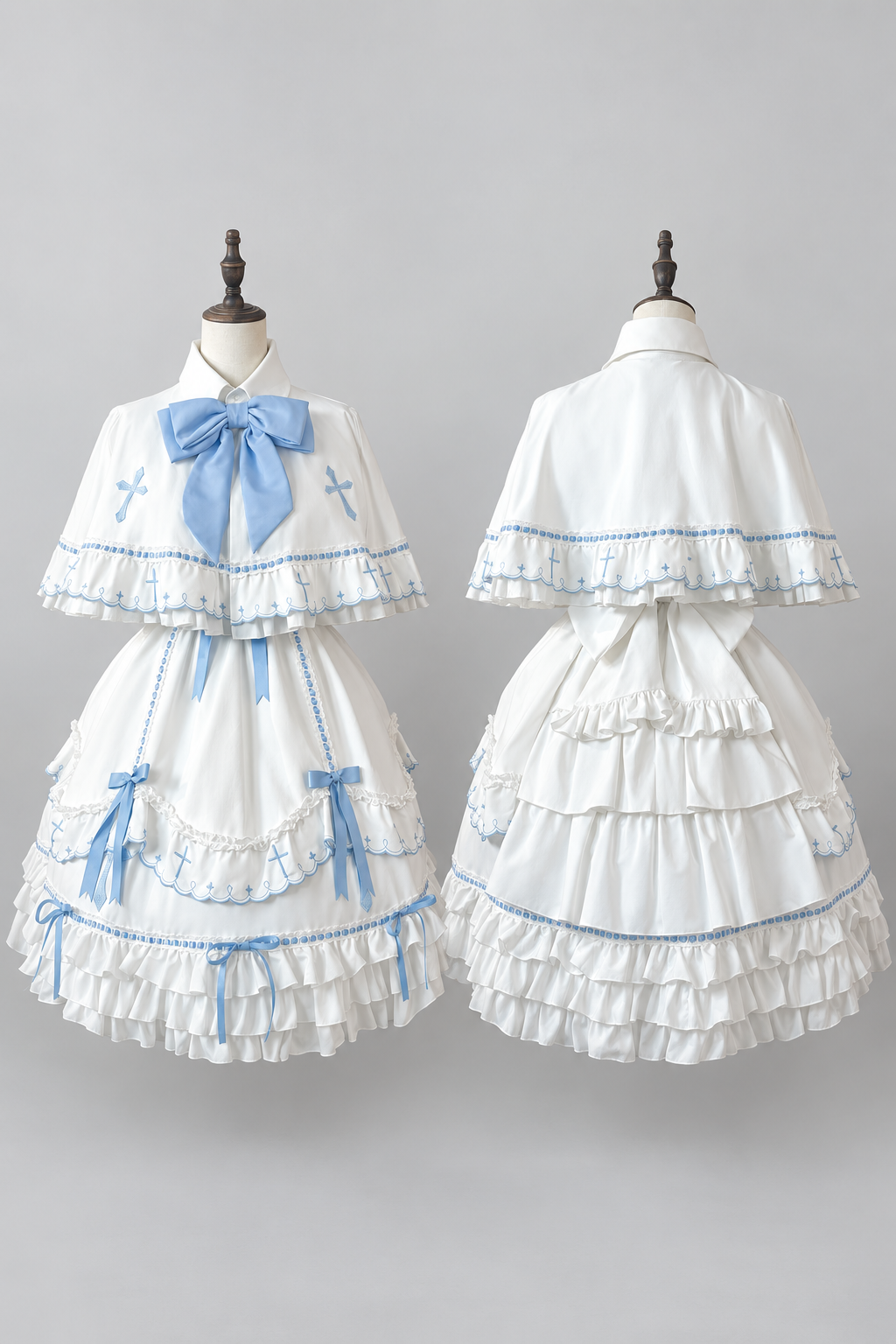 【10月4日予約締切】Blue & White / Pink & White Gothic-Inspired Sweet Lolita Ribbon Ruffle Dress＋Cross Embroidery Ribbon Cape