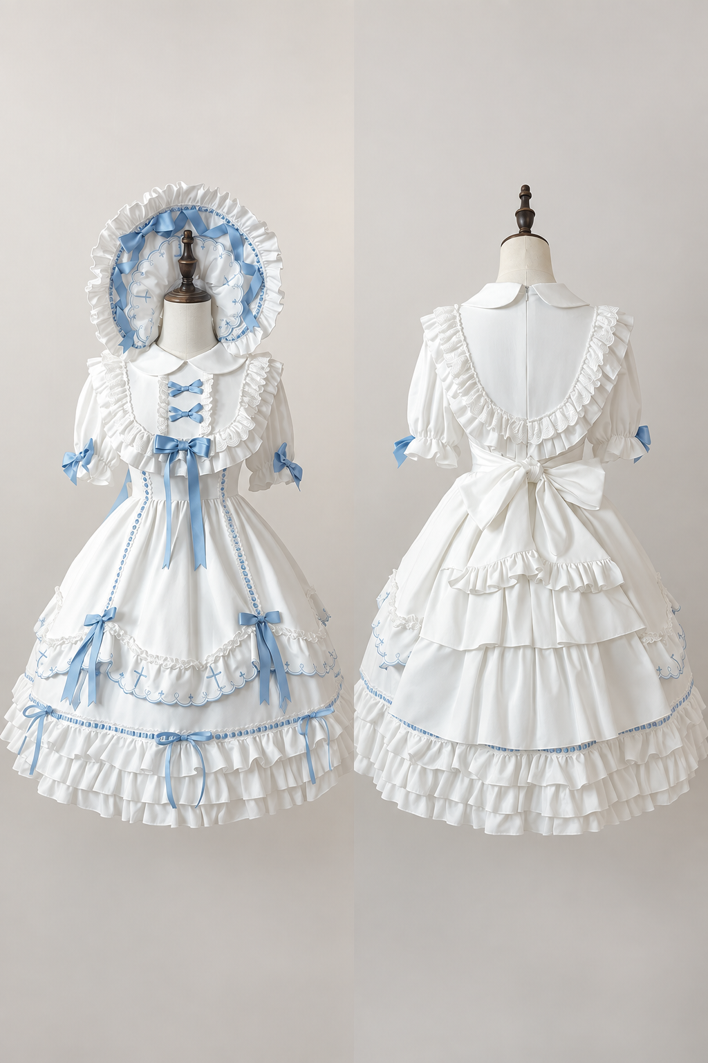 【10月4日予約締切】Blue & White / Pink & White Gothic-Inspired Sweet Lolita Ribbon Ruffle Dress＋Cross Embroidery Ribbon Cape