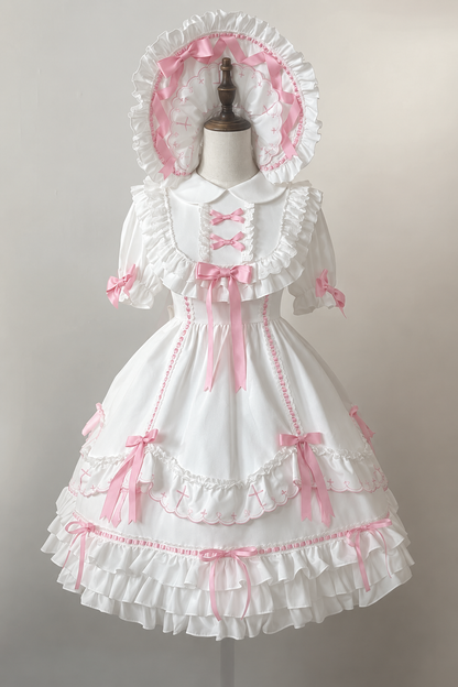 【10月4日予約締切】Blue & White / Pink & White Gothic-Inspired Sweet Lolita Ribbon Ruffle Dress＋Cross Embroidery Ribbon Cape