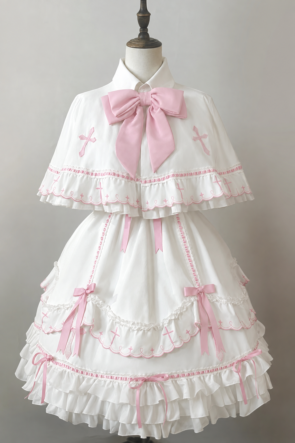 【10月4日予約締切】Blue & White / Pink & White Gothic-Inspired Sweet Lolita Ribbon Ruffle Dress＋Cross Embroidery Ribbon Cape