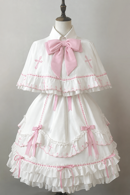 【10月4日予約締切】Blue & White / Pink & White Gothic-Inspired Sweet Lolita Ribbon Ruffle Dress＋Cross Embroidery Ribbon Cape