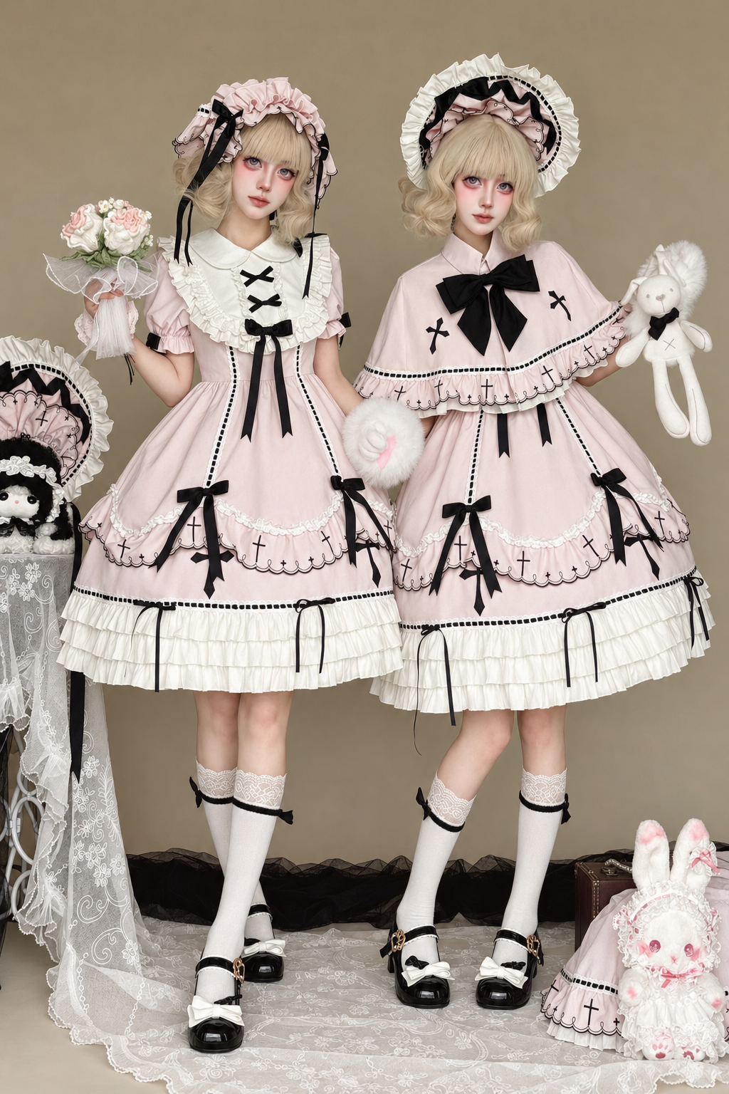 【10月4日予約締切】Pink Gothic-Inspired Sweet Lolita Ribbon Ruffle Dress＋Cross Embroidery Ribbon Cape