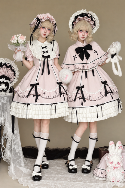 【10月4日予約締切】Pink Gothic-Inspired Sweet Lolita Ribbon Ruffle Dress＋Cross Embroidery Ribbon Cape