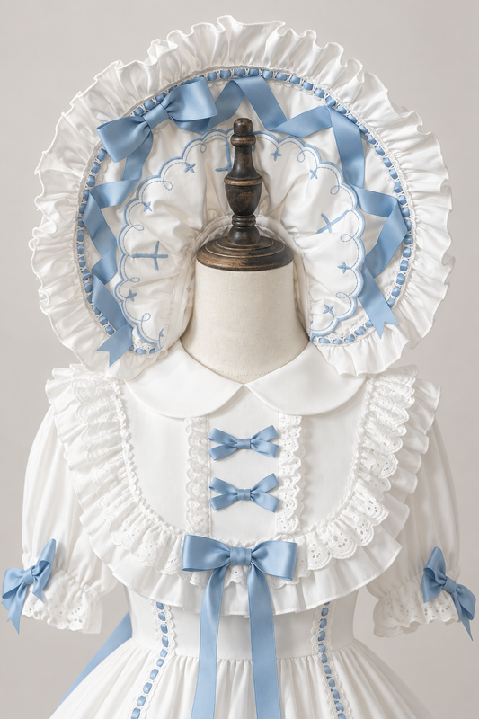 【10月4日予約締切】Four-color Gothic-style Sweet Lolita Cross Embroidery Ribbon Bonnet + Ruffle Scarf Headband