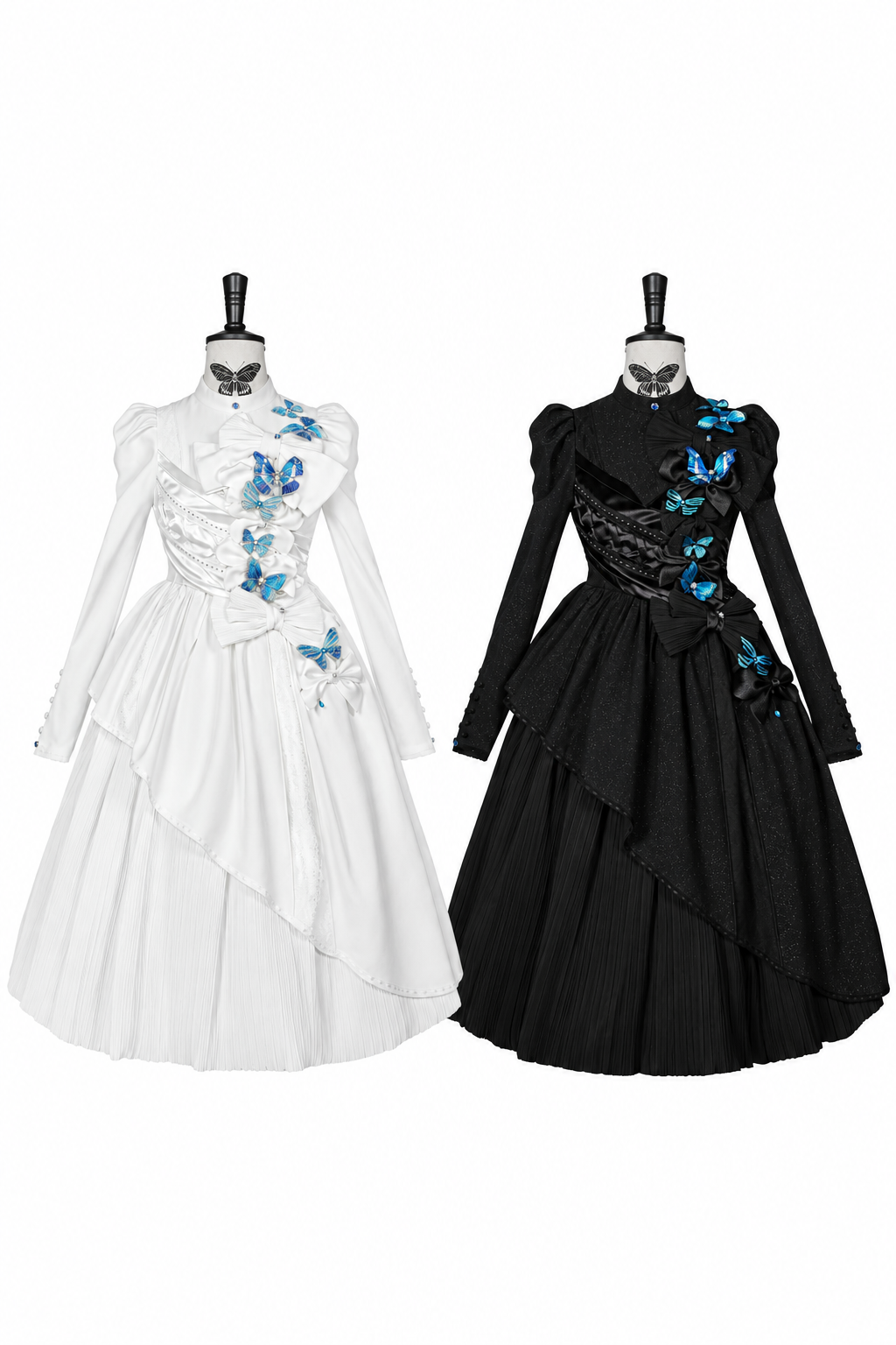 [Reservierungsschluss 14. Oktober] Schwarz/weißes Gothic-Lolita-Langkleid mit Schmetterlingsschleife, Stehkragen und asymmetrischen Lagen