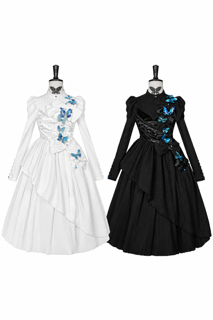 [Reservierungsschluss 14. Oktober] Schwarz/weißes Gothic-Lolita-Langkleid mit Schmetterlingsschleife, Stehkragen und asymmetrischen Lagen