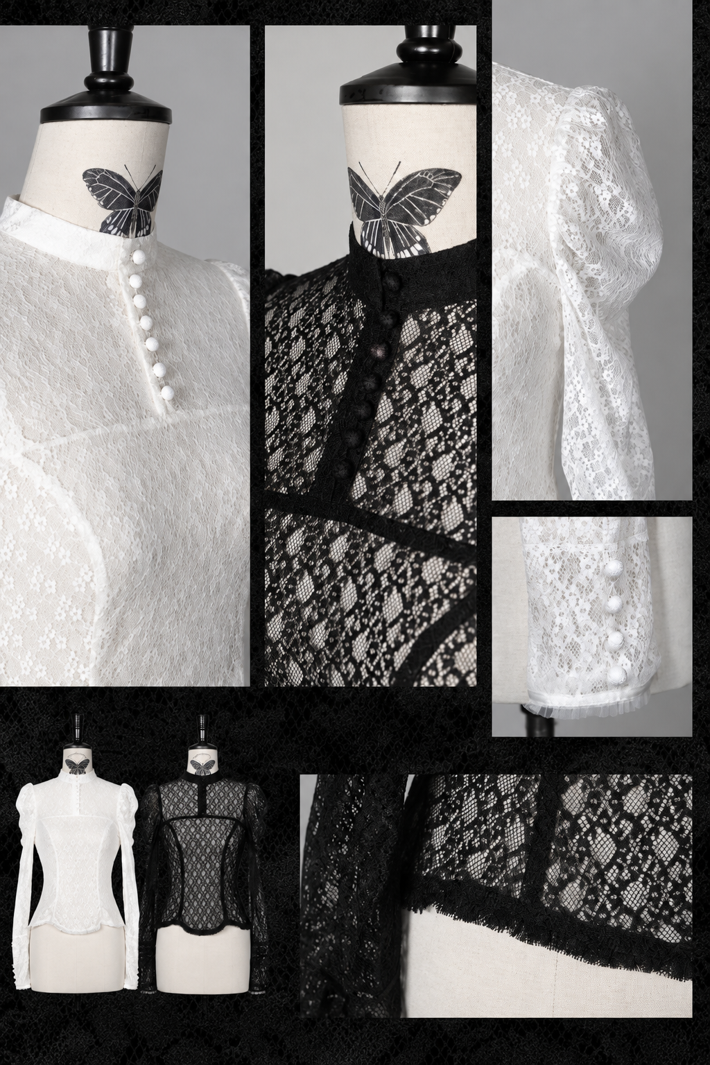 [Vorbestellschluss: 10. Monat, 14. Tag] Schwarz/Weißes Gothic-Lolita-Innentop aus transparenter Spitze mit langen Ärmeln