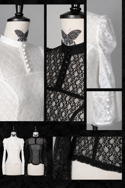 [Vorbestellschluss: 10. Monat, 14. Tag] Schwarz/Weißes Gothic-Lolita-Innentop aus transparenter Spitze mit langen Ärmeln