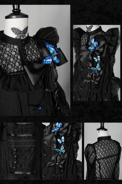 [Vorbestellschluss: 10. Monat, 14. Tag] Schwarz/Weißes Gothic-Lolita-Innentop aus transparenter Spitze mit langen Ärmeln