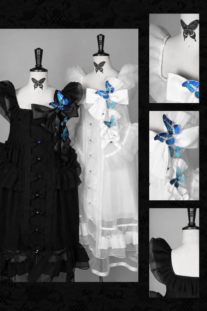 [Vorbestellfrist: 1014] Schwarz/weißes Gothic-Lolita-Set aus Puppenkleid mit Schmetterlingsschleife, Bandkragen und Flatterärmeln + Puppenkleid mit eckigem Ausschnitt und Flatterärmeln