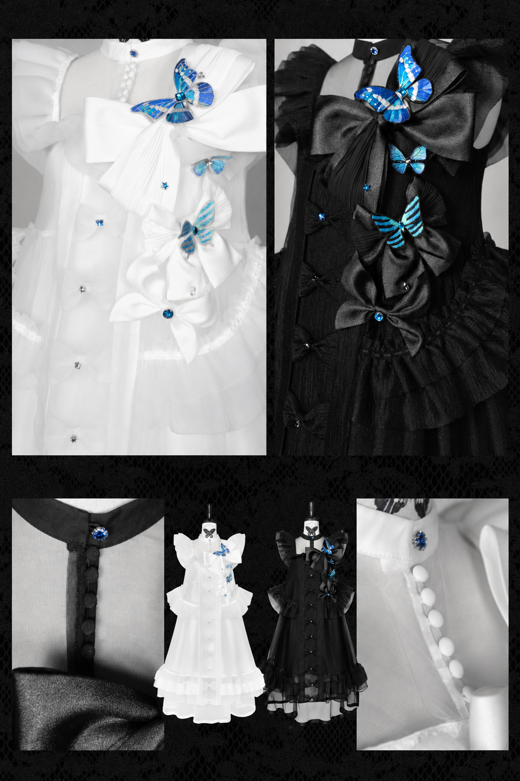 [Vorbestellfrist: 1014] Schwarz/weißes Gothic-Lolita-Set aus Puppenkleid mit Schmetterlingsschleife, Bandkragen und Flatterärmeln + Puppenkleid mit eckigem Ausschnitt und Flatterärmeln
