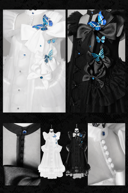 [Vorbestellfrist: 1014] Schwarz/weißes Gothic-Lolita-Set aus Puppenkleid mit Schmetterlingsschleife, Bandkragen und Flatterärmeln + Puppenkleid mit eckigem Ausschnitt und Flatterärmeln