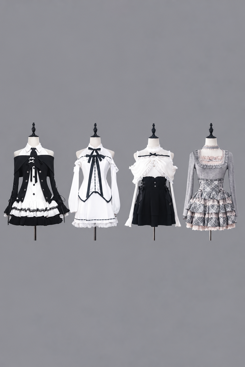 [Pre-order Deadline: October 15] Black Bow Off-Shoulder Lace Flare-Sleeve Jacket + Black and White Lace-Trim Bow Halter Dress with Tie