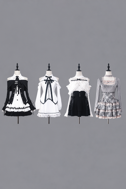 [Pre-order Deadline: October 15] Black Bow Off-Shoulder Lace Flare-Sleeve Jacket + Black and White Lace-Trim Bow Halter Dress with Tie