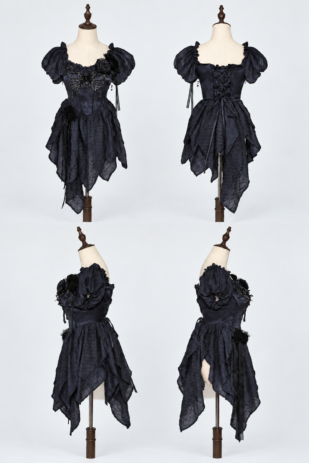 【10月28日予約締切】Black Butterfly Gothic Lolita Puff Sleeve Dress Top + Layered Ruffle Asymmetrical Hem Skirt Set (With Chest Brooch + Waist Brooch)