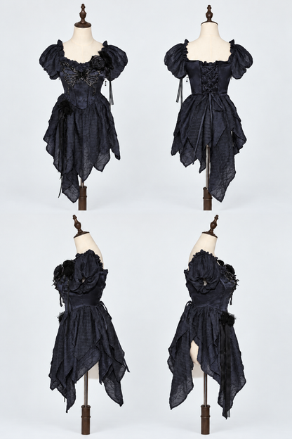 【10月28日予約締切】Black Butterfly Gothic Lolita Puff Sleeve Dress Top + Layered Ruffle Asymmetrical Hem Skirt Set (With Chest Brooch + Waist Brooch)
