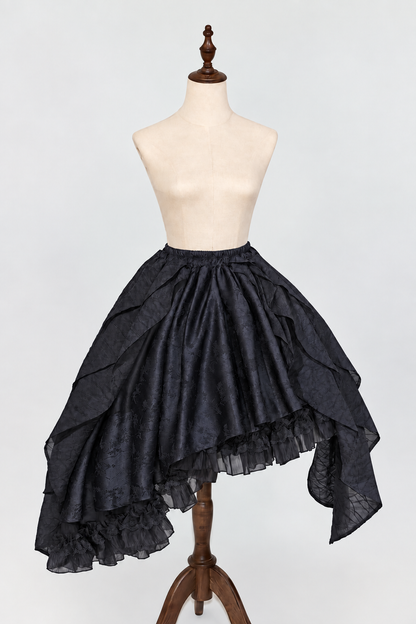 【10月28日予約締切】Black Butterfly Gothic Lolita Puff Sleeve Dress Top + Layered Ruffle Asymmetrical Hem Skirt Set (With Chest Brooch + Waist Brooch)
