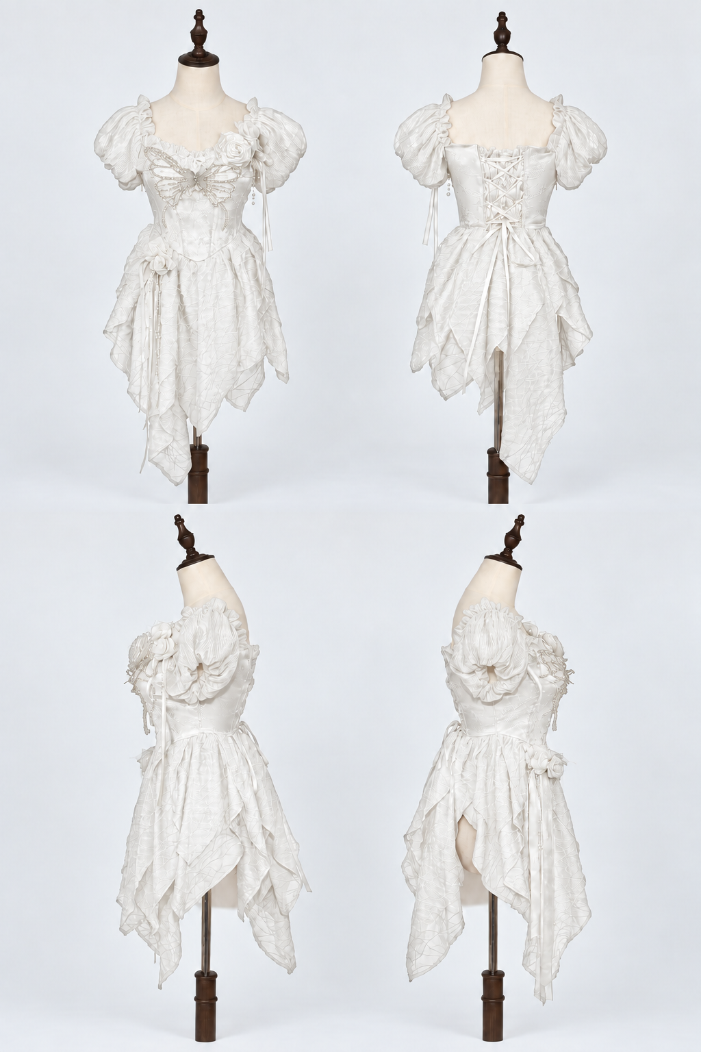 【10月28日予約締切】White Butterfly Gothic Lolita Puff Sleeve Dress Top + Layered Ruffle Asymmetrical Hem Skirt Set (With Chest Brooch + Waist Brooch)