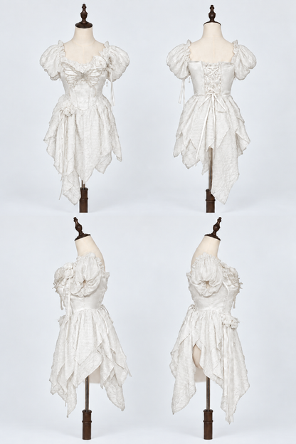 【10月28日予約締切】White Butterfly Gothic Lolita Puff Sleeve Dress Top + Layered Ruffle Asymmetrical Hem Skirt Set (With Chest Brooch + Waist Brooch)
