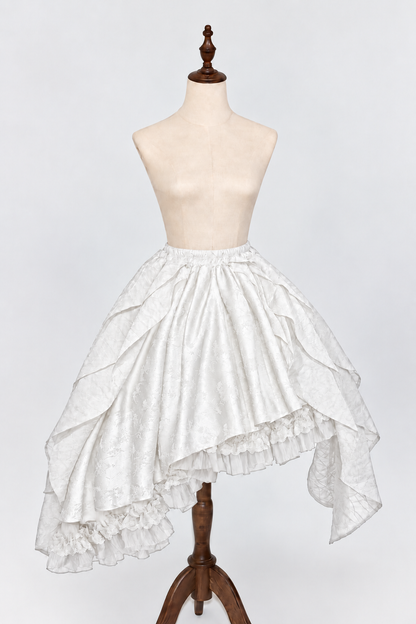 【10月28日予約締切】White Butterfly Gothic Lolita Puff Sleeve Dress Top + Layered Ruffle Asymmetrical Hem Skirt Set (With Chest Brooch + Waist Brooch)