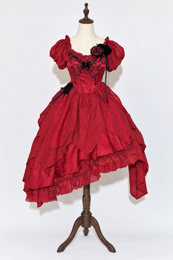 【10月28日予約締切】Red Butterfly Gothic Lolita Puff Sleeve Dress Top + Layered Ruffle Asymmetrical Hem Skirt Set (With Chest Brooch + Waist Brooch)