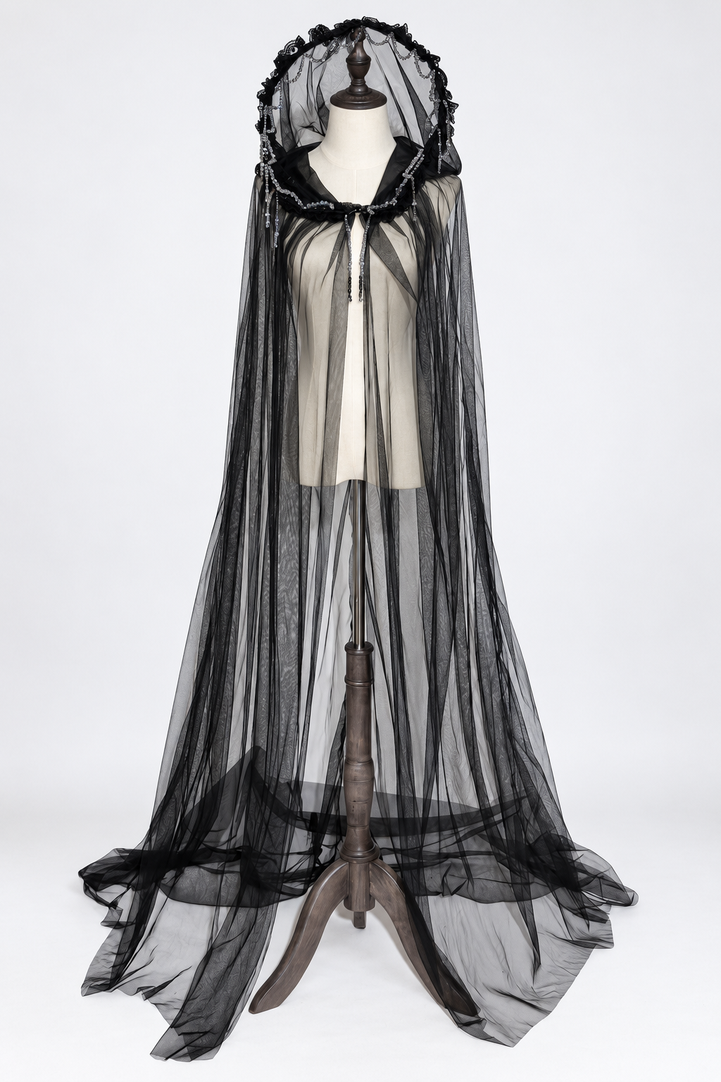 【10月28日予約締切】Black/White Gothic Lolita Sheer Lace Beaded Hooded Long Cape