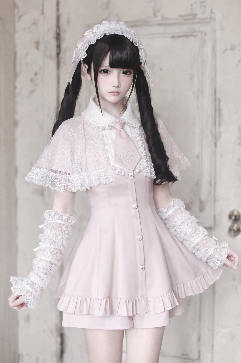Pre-order Deadline: May 15] Pink Lace Cape Design Tie Color Dress Sui –  Belchic