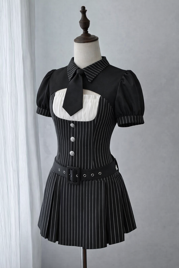 【4月29日予約締切】ブラックピンストライプタイカラーショートジャケットドレスフルセット＋ジュエルキャスケット