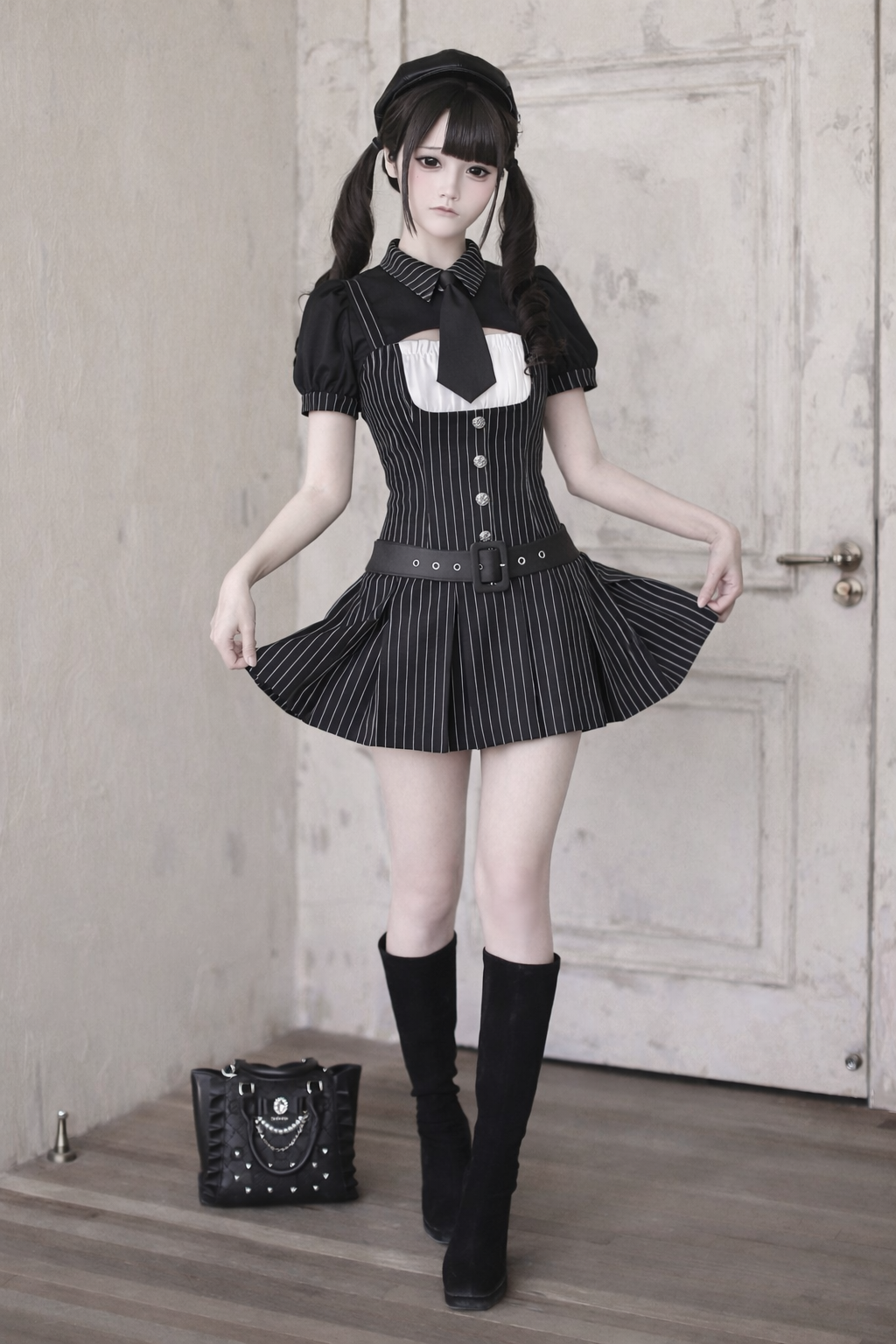 【4月29日予約締切】ブラックピンストライプタイカラーショートジャケットドレスフルセット＋ジュエルキャスケット