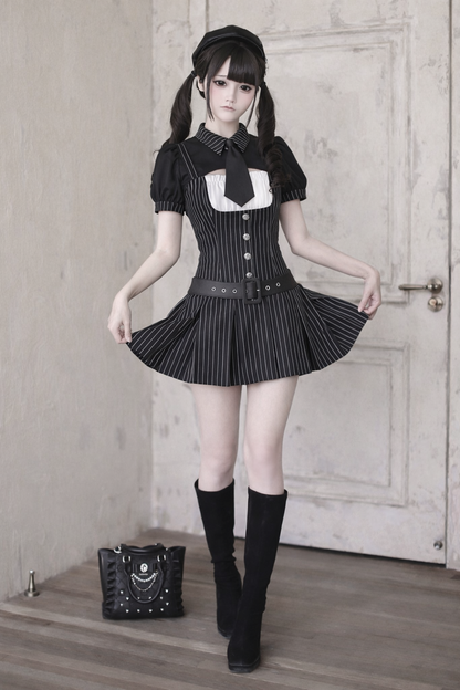 【4月29日予約締切】ブラックピンストライプタイカラーショートジャケットドレスフルセット＋ジュエルキャスケット