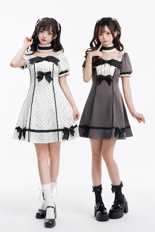 【5月29日予約締切】バニラポルカドットアンドグレーヴィンテージリボンパフスリーブドレス＋チョーカーセットアップ