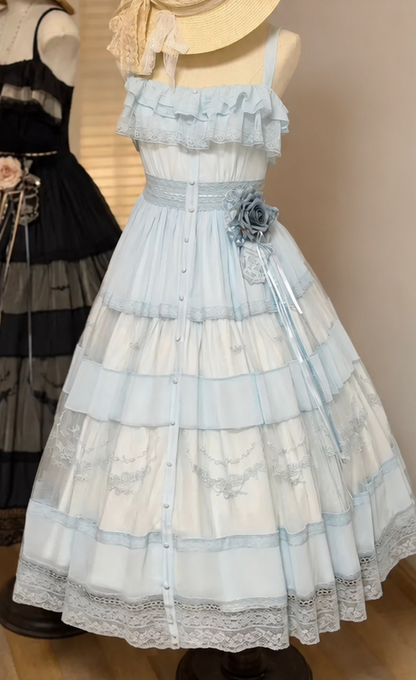【Cierre de reservas: 22 de junio】Vestido romántico en capas con bordado floral azul/negro