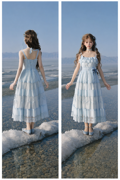 【Cierre de reservas: 22 de junio】Vestido romántico en capas con bordado floral azul/negro