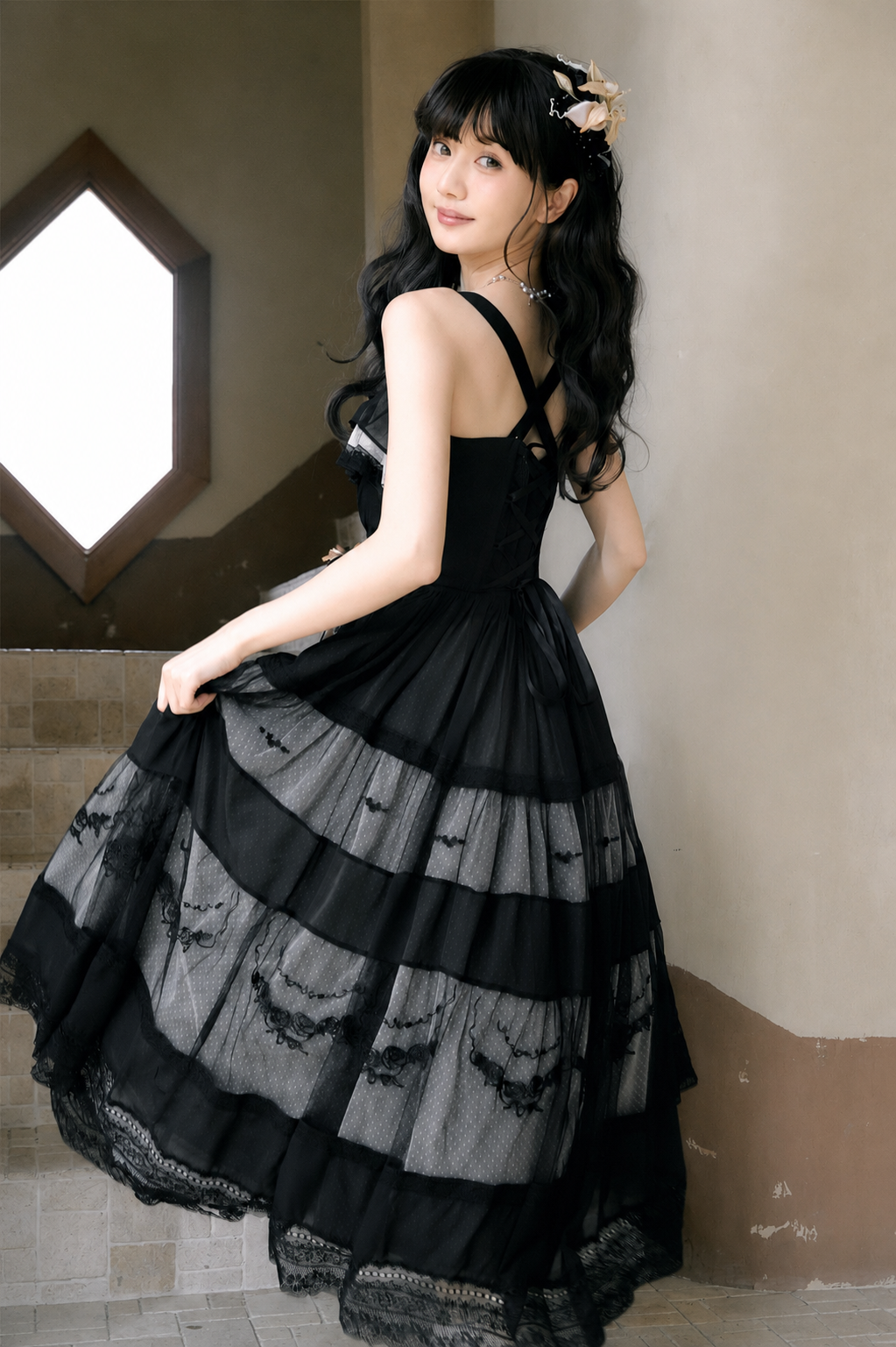 【Cierre de reservas: 22 de junio】Vestido romántico en capas con bordado floral azul/negro