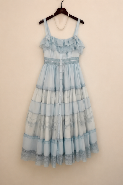 【Cierre de reservas: 22 de junio】Vestido romántico en capas con bordado floral azul/negro