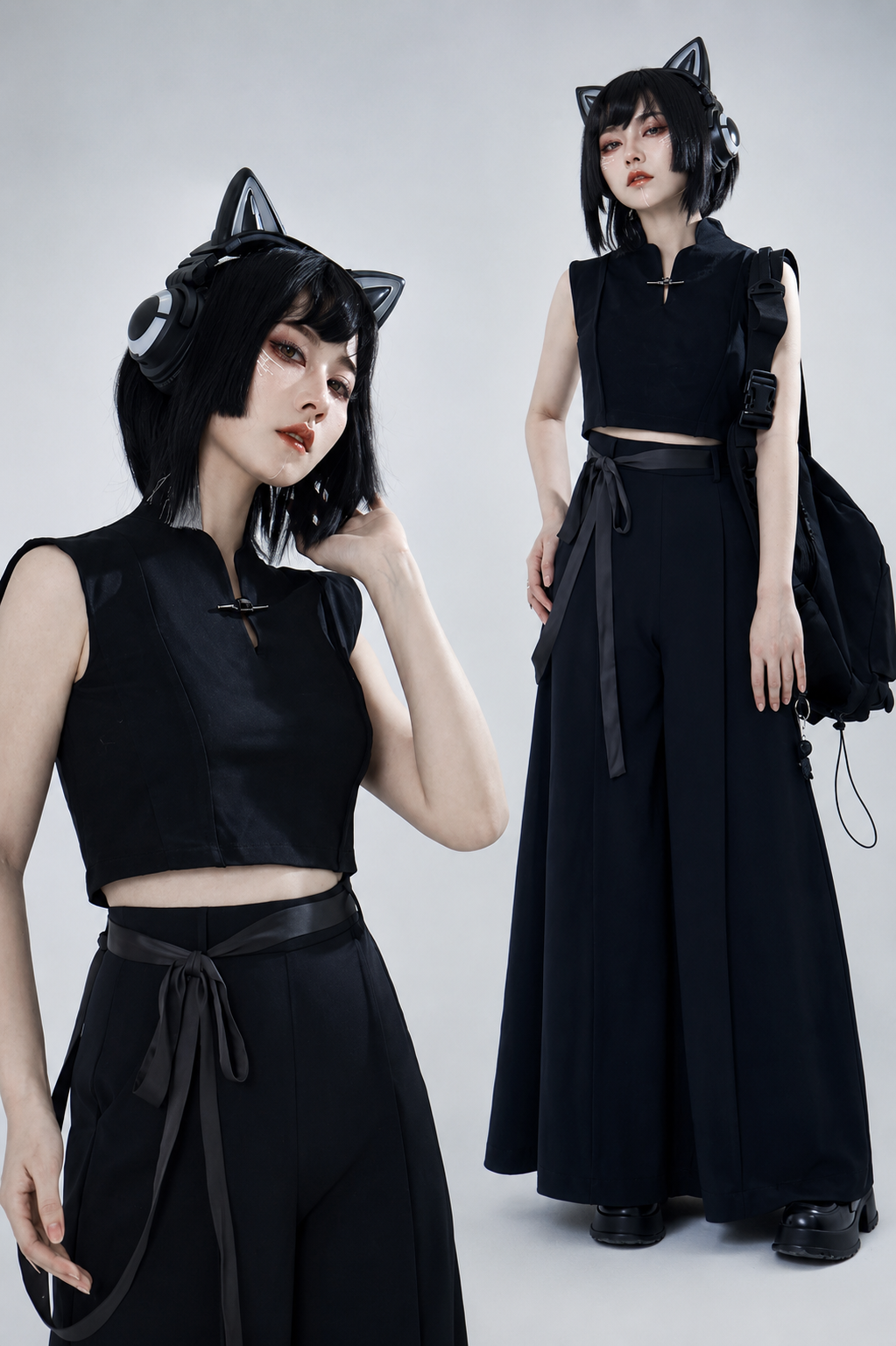 [Pre-Order] Black/White Cyber Chinese Crop Top